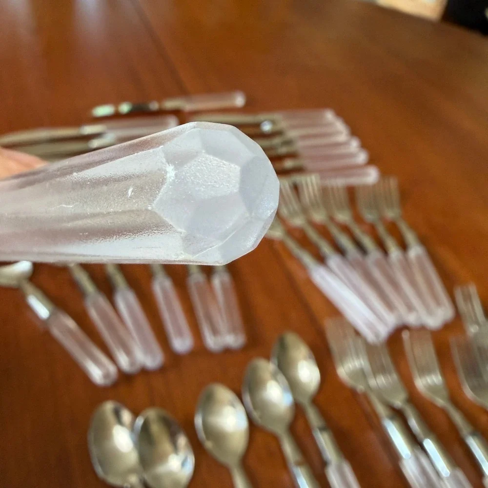 Vintage 18/10 Stainless Flatware Set 37pc Frosted Acrylic Faceted Handle MCM